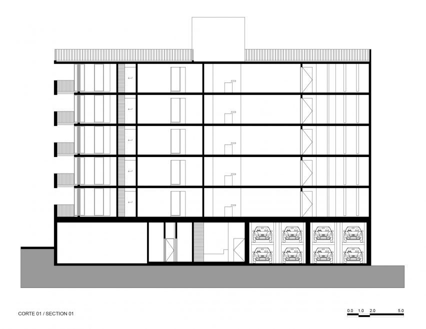 Section drawing of MO288 housing by HGR Arquitectos