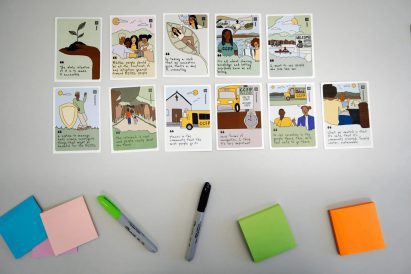 Illustrated cards that outlines the inspiration behind a project that helps people of colour commute