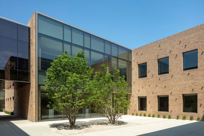Courtyard with two trees surrounded by a glass and brick building