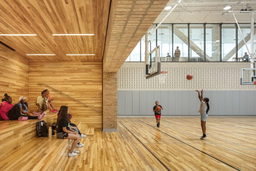 Wood seating in an indoor basketball court