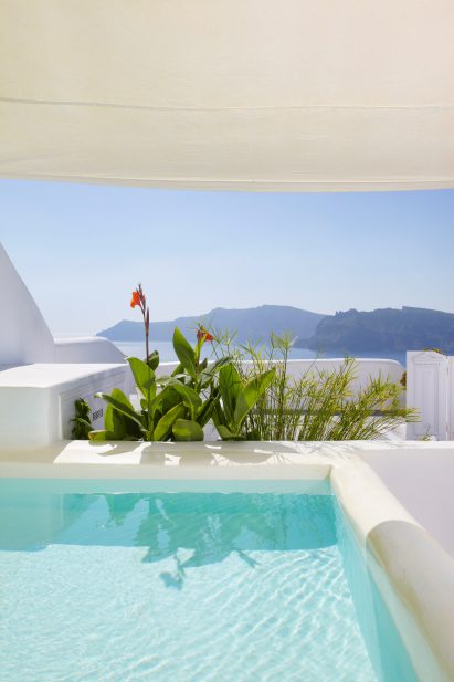 Plunge pool with plants and caldera view