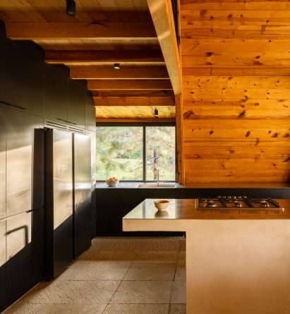 A kitchen with a large black cabinet unit