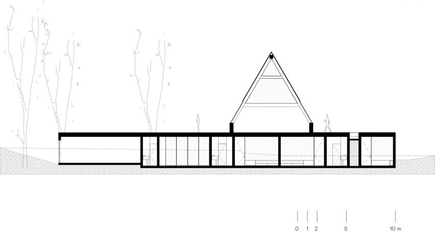 A section drawing of an A-Frame house on top of a rectangular structure