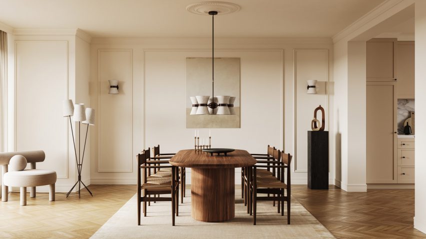 Photograph of dining room interior with statement lighting