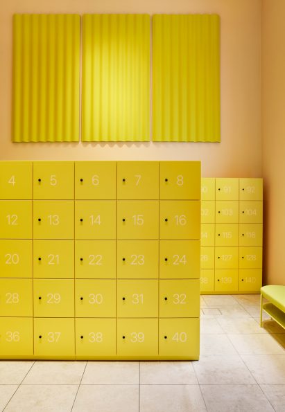 Yellow storage lockers inside foyer of MK&G museum
