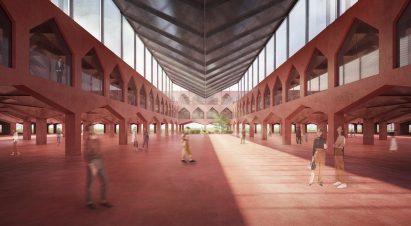 Atrium in a red concrete factory in China