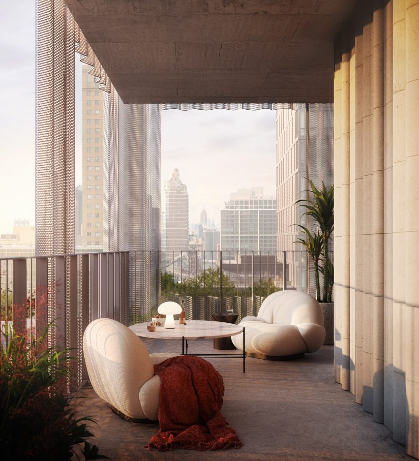 A porch overlooking New York City with concrete walls and a metal exterior
