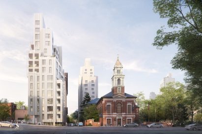 A residential tower in Brooklyn located next to a chapel