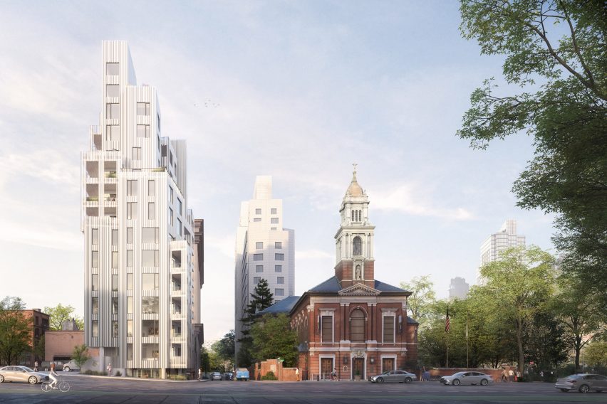 A residential tower in Brooklyn located next to a chapel