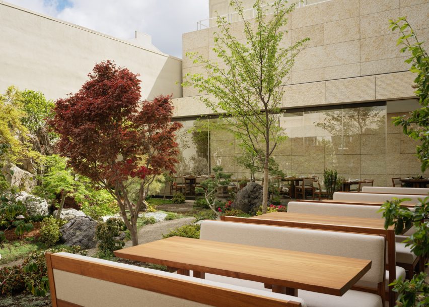 Outdoor booths in a hotel garden restaurant