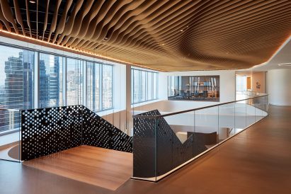 NOWN sound absorbing ceiling panels above a stairway