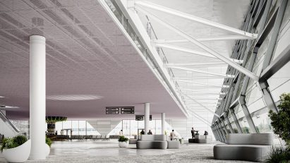 Large interior space with mezzanine decorated in sound absorbing panels