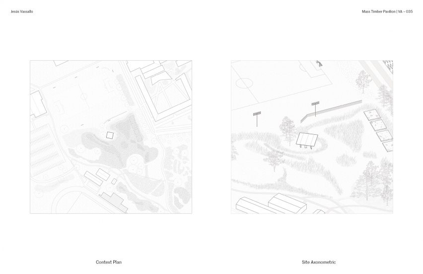 A site plan of a timber pavilion on a campus in Houston