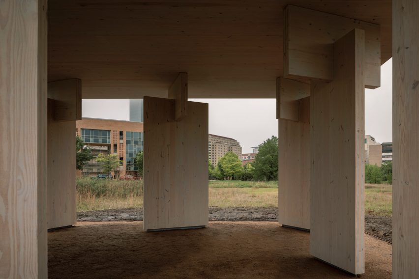 The inside of a timber pavilion