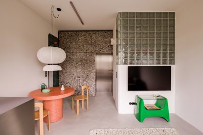 Swirly grey wood panels in the living space