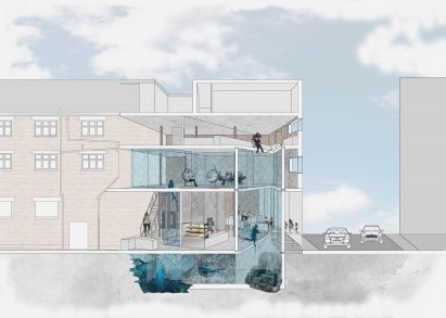 Sectional visualisation of building containing diving tank