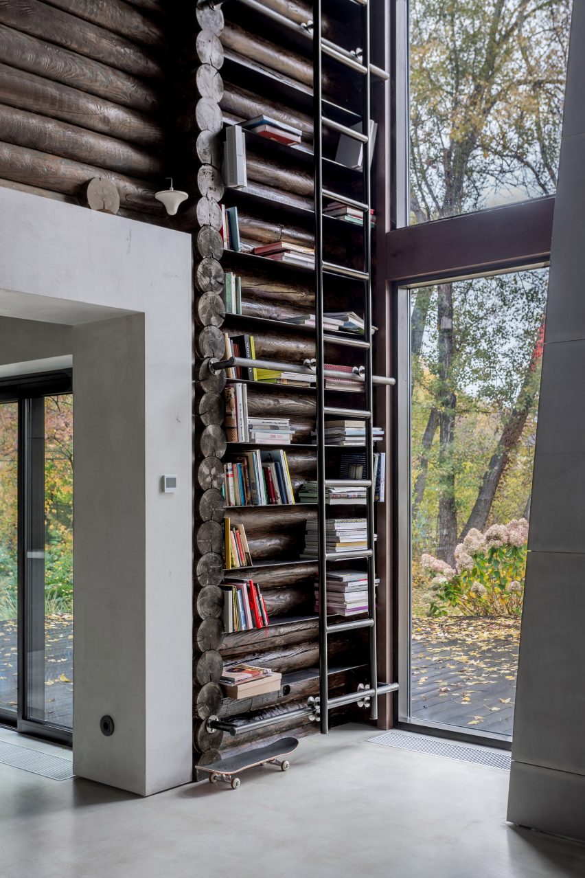 Photograph of bookcase with ladder