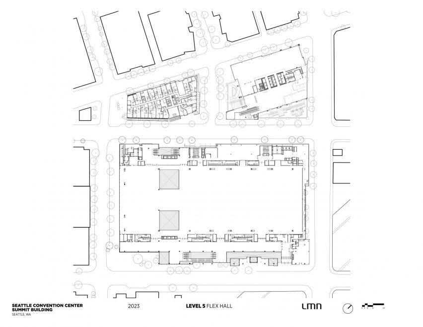 A plan with large open space and two square atriums