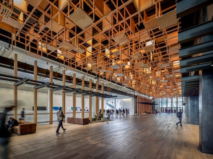 A textured ceiling made made of interlocking wood texture