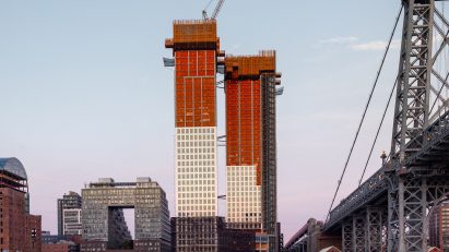 Skyscrapers on East River in Brooklyn under construction