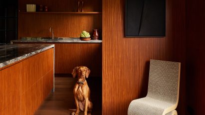 Kitchen interior by DAB Studio with wood-lined walls, floors and cabinets