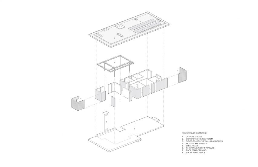 Exploded isometric drawing of The Rambler House by GO'C