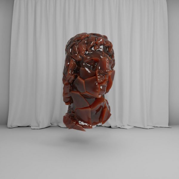Dark red plastic object hanging in a white gallery space