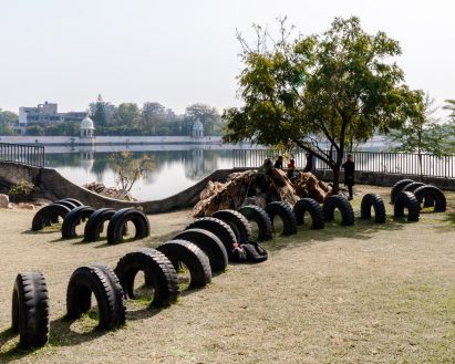 Play area with rubber tyres