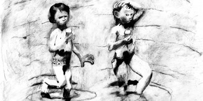 Illustration of two young children in black and white