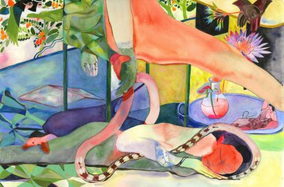 Fantastical illustration of a sleeping woman and a snake