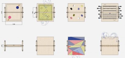 Illustrated array of technical drawings of self-build gaming and craft kits