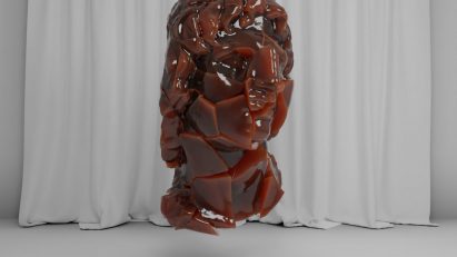 Dark red plastic object hanging in a white gallery space