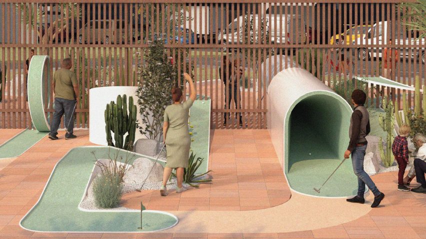 Visualisation of mini golf course intersecting border wall between America and Mexico