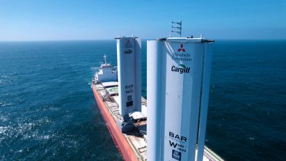 Pyxis Ocean ship at sea with wind-powered sails by BAR Technology and Yara Maritime