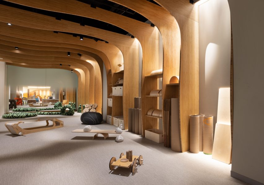 A hallway with a series of wooden archways