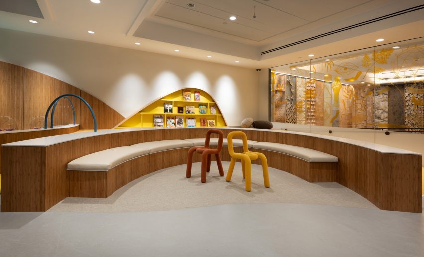A wooden seating area
