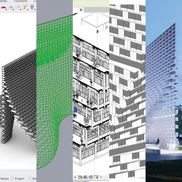 Photograph split into 5 vertical sections showing snippets of architectural renders.