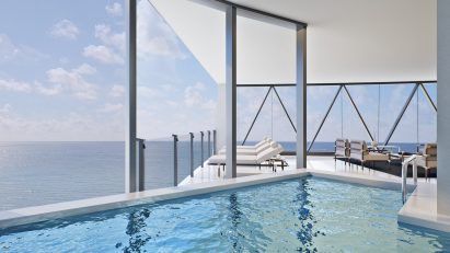 Swimming pool looking out towards the sea