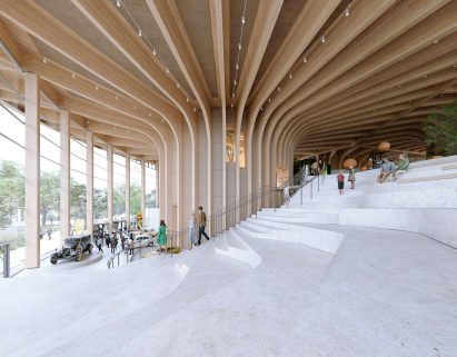 Wooden interior of experience centre for Volvo