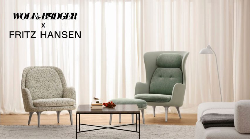 Wolf & Badger and Fritz Hansen logos with a photo of seating, a coffee table and lamp