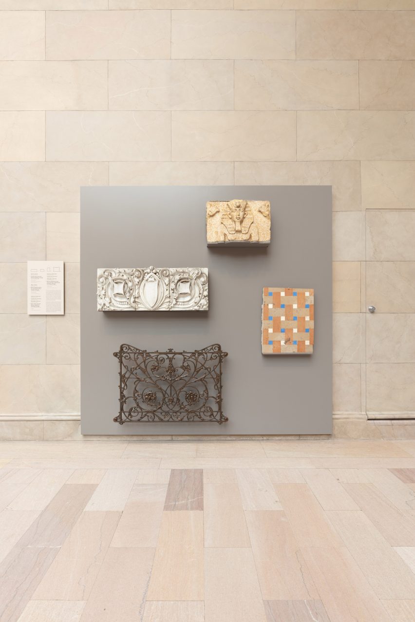Pieces of buildings attached to a panel