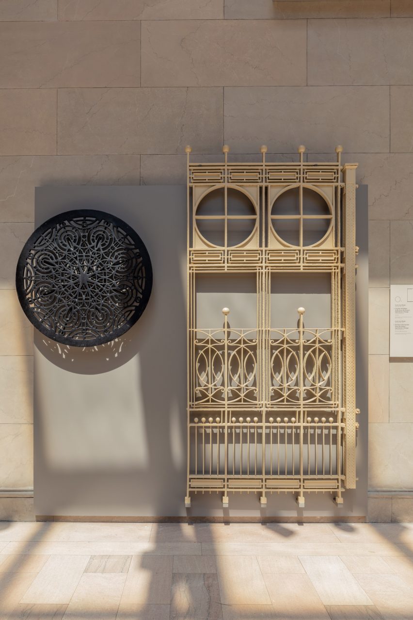A gate and pieces of iron work by Frank Lloyd Wright