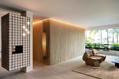 Room wrapped with thin fibrous curtains