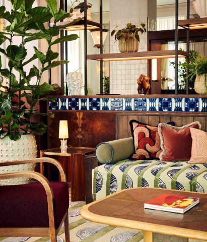 Close-up of seating area in lobby of The Hoxton hotel in Charlottenburg, Berlin