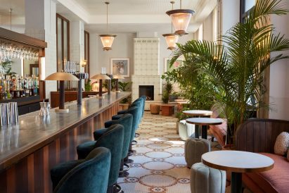 Overview of Winter Garten bar in lobby of The Hoxton hotel in Charlottenburg, Berlin