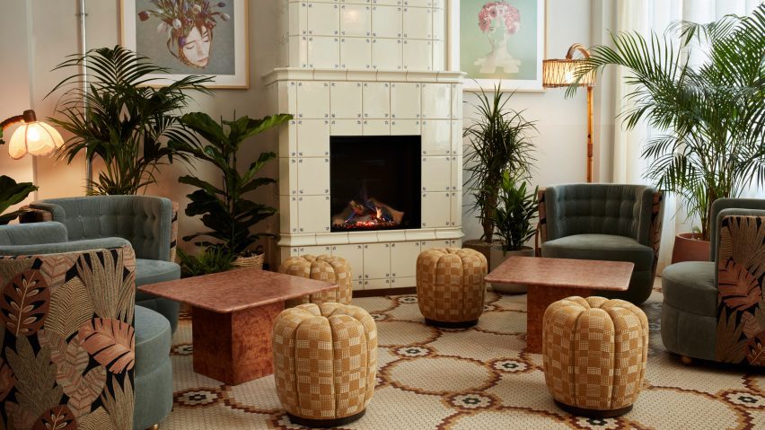 Fireside lounge in lobby of The Hoxton hotel in Charlottenburg, Berlin