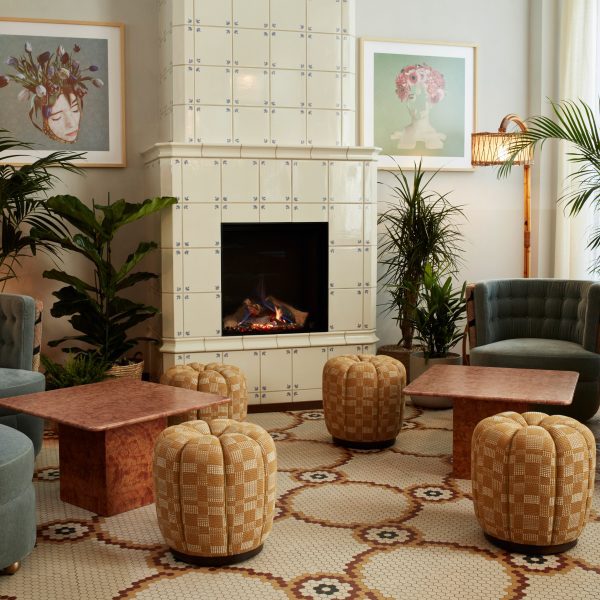 Fireside lounge in lobby of The Hoxton hotel in Charlottenburg, Berlin
