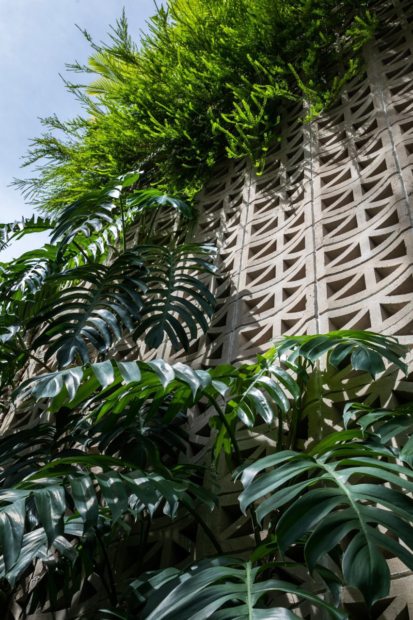 Grey perforated cement block facade covered in plants