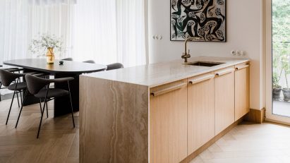 Kitchen island with waterfall edge