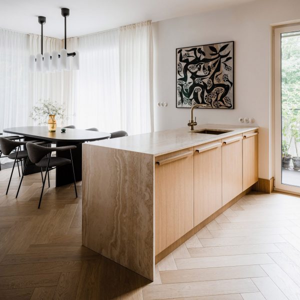 Kitchen island with waterfall edge